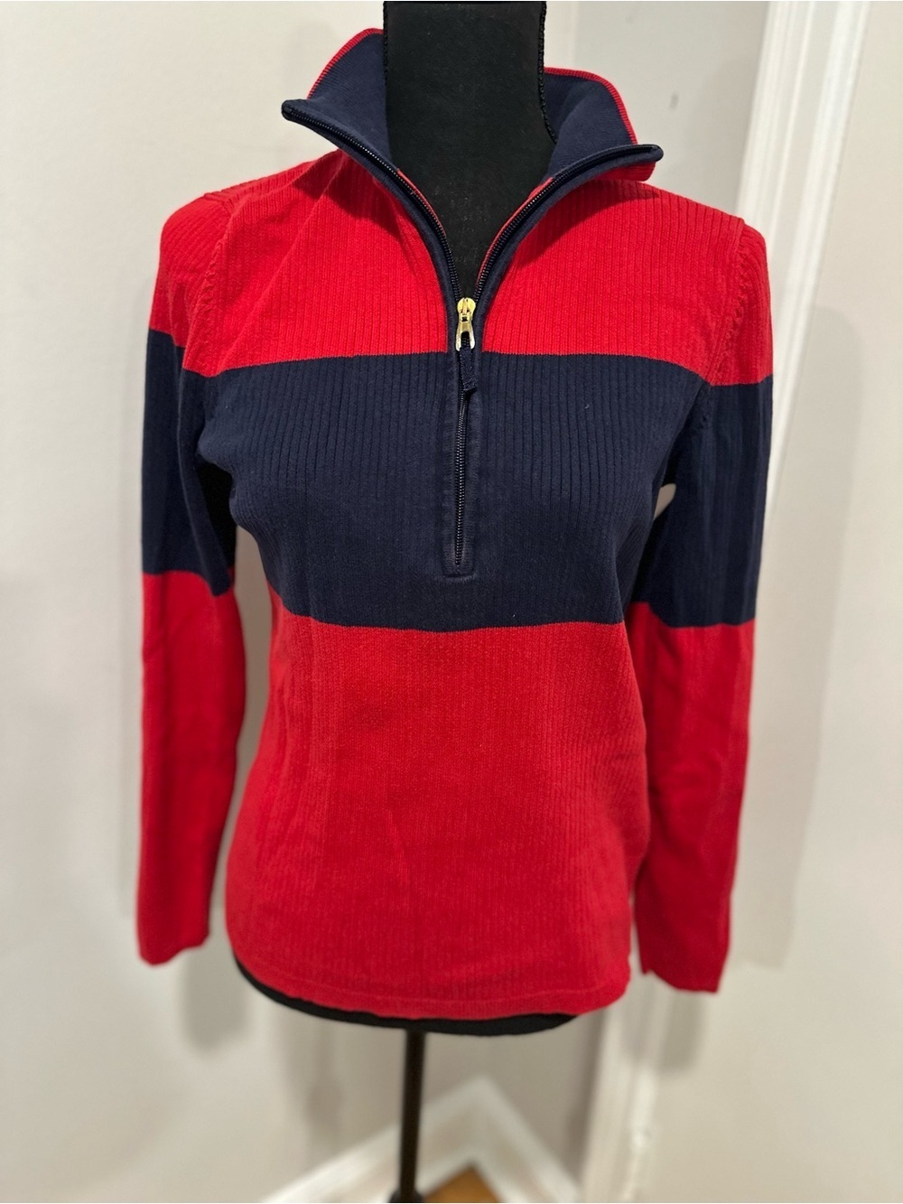 VTG LRL Ralph Lauren Y2K red navy ribbed 1/4 Zip colorblock Preppy Pullover Top.